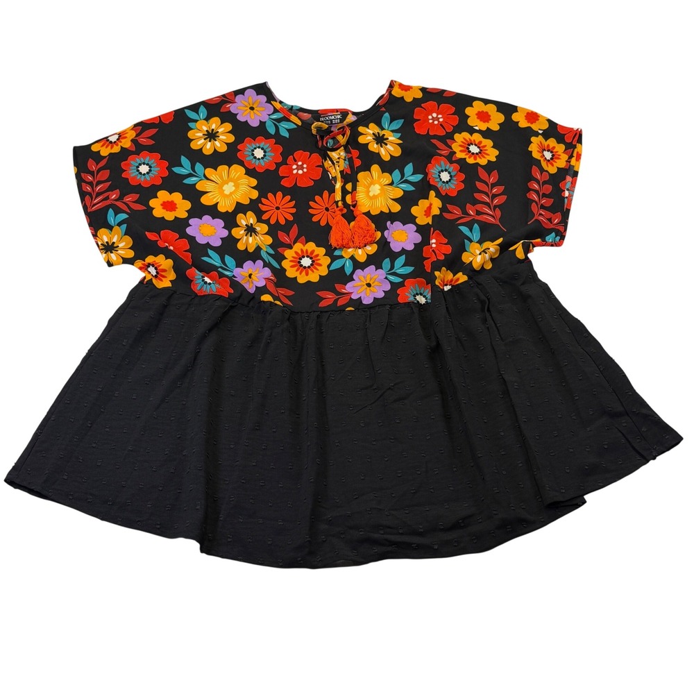 Bloomchic Floral Swiss Babydoll Top Black Tassel Tie 22/24 Plus Size 1150C6